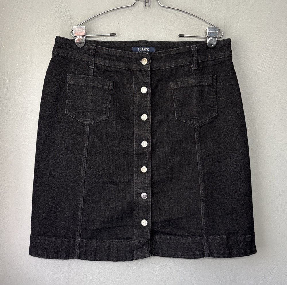 Chaps Black Denim Button Up Down Skirt Size 16 Stretch Jean Short Knee Length